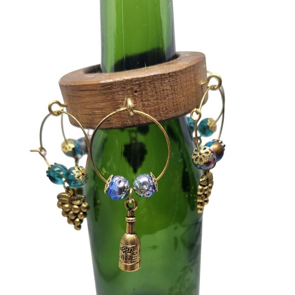 Wooden Wine Bottle Charm Set  6 Gold Color Metal Charm Glass Bead on Wine Stave - Picture 15 of 16